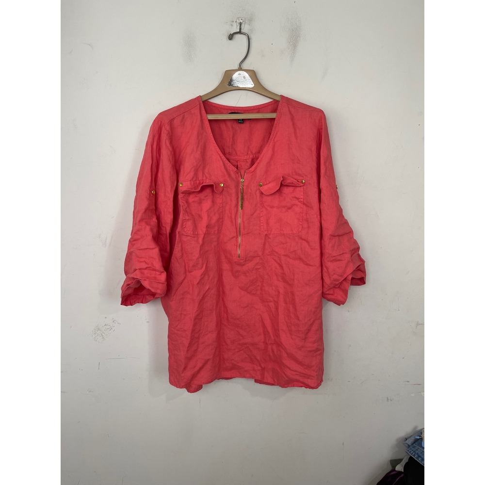 Ellen Tracy Coral Pink 100% Linen Half Zip Roll Tab Sleeve Tunic Top 2X